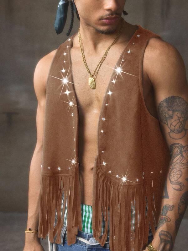 AXEPEAK 男士夏季休闲度假风格水钻装饰流苏下摆无袖背心