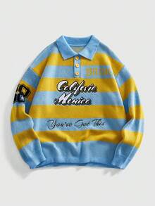 ROMWE MEN Prep Men's Letter Embroidery Striped Knit Sweater With Turndown Collar, Collegiate Style Street Wear, Winter - Multicolor - View 1