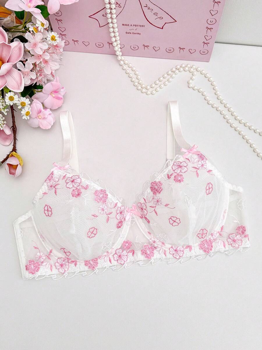 PetitDoll Plus Size Romantic Embroidered Sweet Women's Underwire Push-Up Lingerie Bra - Multicolor - View 1