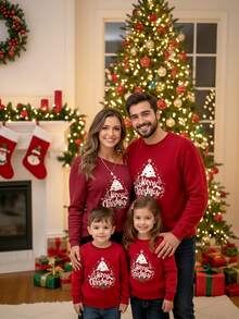 SHEIN LUNE Women's Casual Christmas Tree Letter Print Long Sleeve T-Shirt,Dark Red,Autumn,Occasion,New Year Party,Family Matching Gathering,Graphic Red Top - Burgundy - View 8