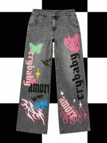 Y2Kool Vecteezy 女士冬季新年休闲宽松直筒牛仔裤，纽扣口袋，日常穿着，搭配灵感包括印花牛仔裤、Y2K牛仔裤、设计牛仔裤、火焰牛仔裤等，时尚服饰系列，新年穿搭，Emo裤，图案牛仔裤，辣妹棉质牛仔裤。 - 灰色 - 查看 7