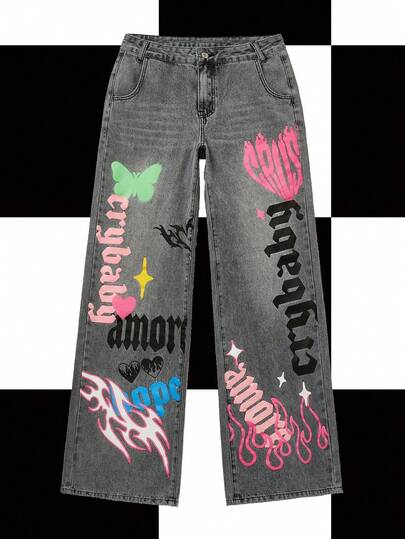 Y2Kool Vecteezy Jeans casuales sueltos de pierna recta con botones y bolsillos para uso diario, idea de combinación de jeans con estampados, jeans impresos, jeans Y2K, jeans con diseños, jeans con llamas, colección de ropa de estilo, nuevos atuendos de Año Nuevo