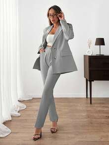 EURMUSE Women Solid Color Suit Sets Blazer Jacket And Pants Rhinestone And Button Front Detailed - Light Grey - View 5