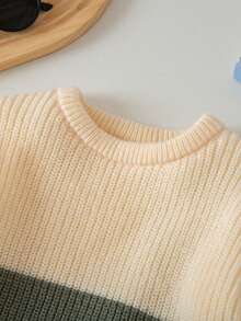 SHEIN Playful Pals 男童粗条纹针织毛衣，长袖，秋冬 - 杏色 - 查看 3