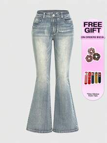 ROMWE Grunge Punk Quần jeans ống loe thêu họa tiết Punk cỡ lớn co giãn thường ngày cho nữ - Rửa nhẹ - Xem 5
