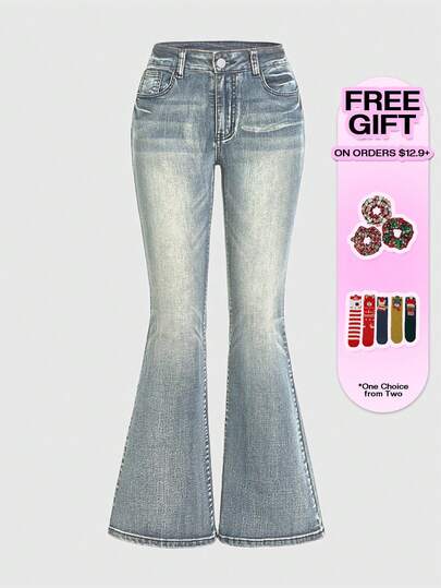 ROMWE Grunge Punk Quần jeans ống loe thêu họa tiết Punk cỡ lớn co giãn thường ngày cho nữ