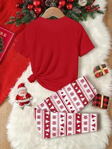 SHEIN Leap Crew Giáng sinh vui vẻ! Cây thông Noel cổ điển, Bông tuyết, Người tuyết in họa tiết Fair Isle, Bộ đồ ngủ dài tay mềm mại, thoải mái cho bé gái tuổi vị thành niên, Vừa vặn, Thích hợp cho mùa thu/đông, Tiệc đồ ngủ Giáng sinh, Bộ đồ ngủ cho bé gái tuổi vị thành niên, Bộ đồ ngủ Giáng sinh màu trắng kem, Bộ đồ ngủ đơn vừa vặn, Bộ đồ ngủ 2 mảnh tay ngắn, Bộ đồ ngủ Giáng sinh - Nhiều màu - Xem 2