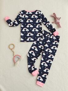 Young Girl' Casual Comfortable Soft Knit Rainbow Cloud Contrast Color Snug Fit Loungewear Set - Multicolor - View 7
