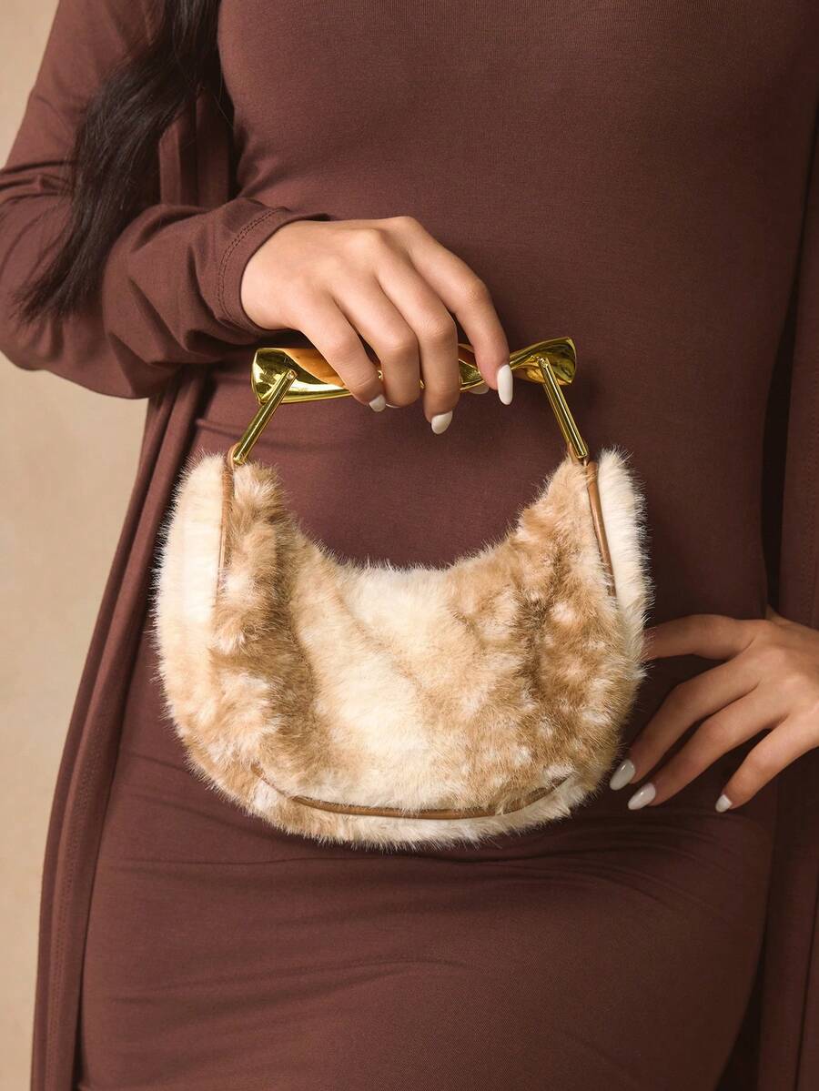 SHEIN SXY 女士手提包,奶牛纹,动物纹,时尚,优雅,简约,个性化,百搭,适合约会、日常、购物、下午茶等场合 - 棕色 - 查看 1