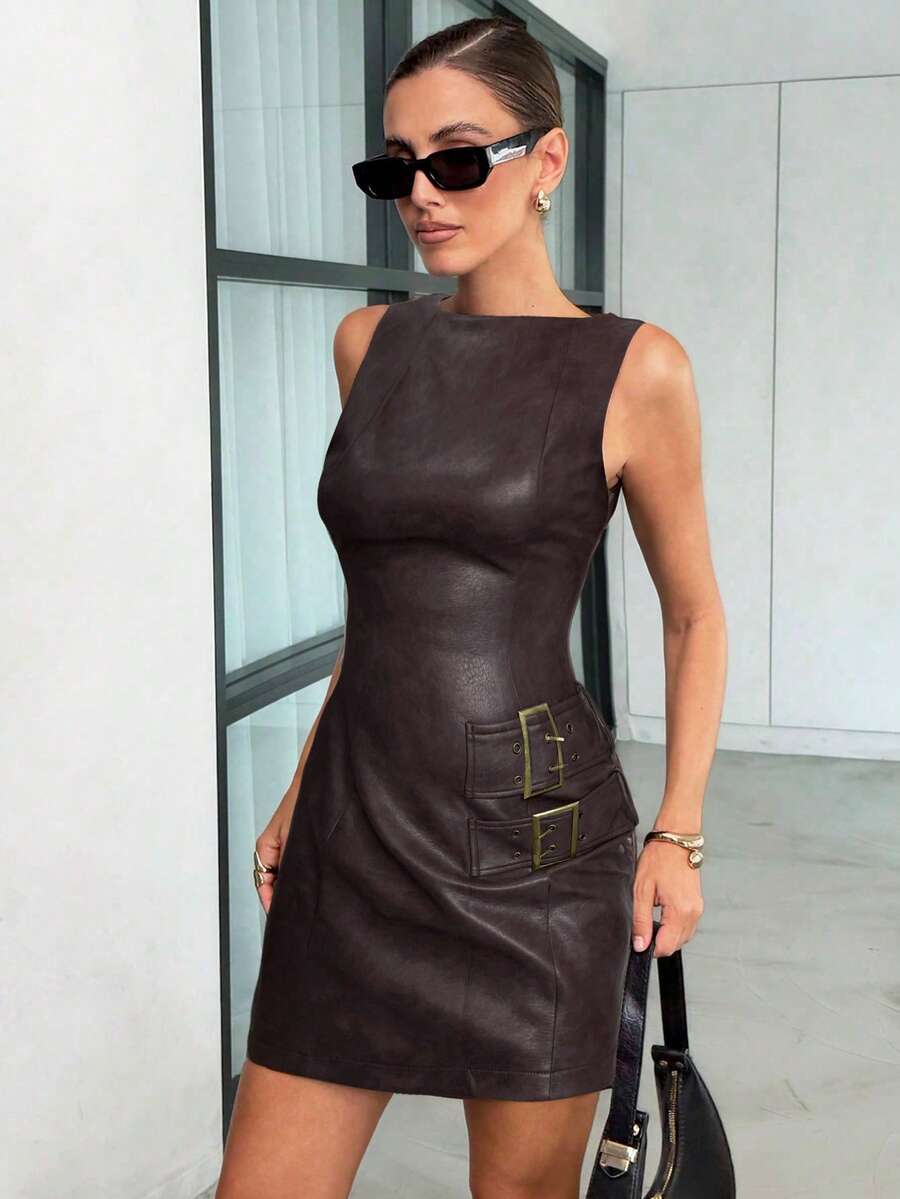 Lavishia 女士时尚 PU 性感复古抹胸迷你连衣裙 夏季母亲节装扮 女士夏季装扮 毕业礼服 夏季服装 女士夏季连衣裙 - 巧克力棕 - 查看 1