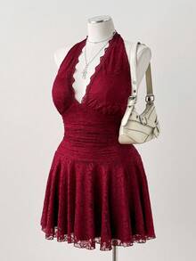 Sunspun Váy ren hở lưng màu đỏ tía gợi cảm và thanh lịch cỡ lớn dành cho nữ - Màu Đỏ Sâu - Xem 3