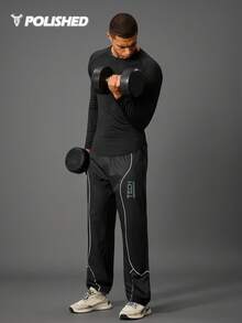 Manfinity Acti Log 男士标语印花抽绳腰带口袋宽松运动裤防风裤男士运动裤黑白健身裤宽松健身服运动裤 - 黑色 - 查看 3