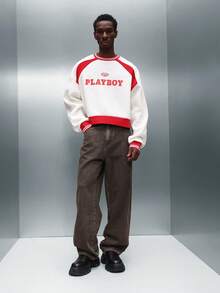 PLAYBOY X SUMWON Áo nỉ crop top phong cách Varsity hợp tác với viền gân và thiết kế in logo - trắng - Xem 4