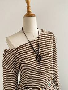 Elamini 彩色针织提花条纹不对称肩部宽松长袖上衣，时尚休闲舒适，适合日常穿着，秋冬 - 咖啡棕 - 查看 6