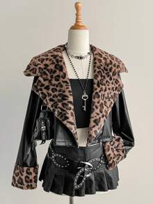SHEIN Unity Áo khoác ngắn cổ bẻ họa tiết da báo bằng lông giả da PU màu đen dành cho nữ, thời trang Y, thích hợp mặc khi đi làm, đi làm, đi chơi, dạo phố, tiệc tùng, mặc hàng ngày, đa năng - màu đen - Xem 3