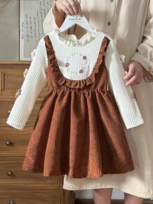 Vintaside Kids 女童田园风刺绣拼布撞色荷叶边下摆长袖棕色连衣裙，3D花卉袖子装饰，适合秋冬户外日常穿着 - 棕色 - 查看 4