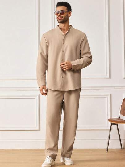 EASEVO Plus Size Men's Casual Solid Color Shirt And Pants Set