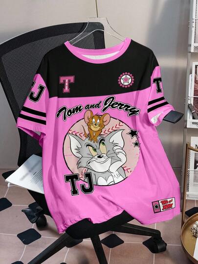 TOM & JERRY X SHEIN Plus Size Casual Colorblock Letter & Cartoon Graphic Round Neck Short Sleeve T-Shirt, Summer