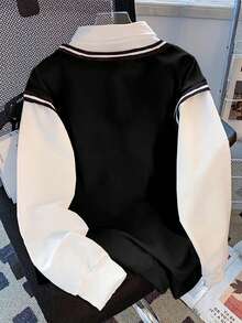 Resyla New Contrast Color Collar Sports Casual Sweatshirt, Knight Print College Style Top - Multicolor - View 2