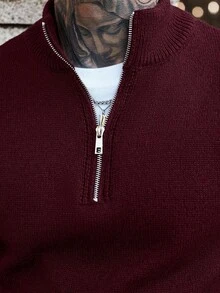 Manfinity CasualCool Men's Quarter Zip Solid Color Long Sleeve Casual Sweater Burgundy Men - Burgundy - View 3