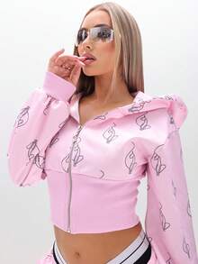 BABYPHAT Zip Through Hooded Sweatshirt With Cat Logo Print And Ribbed Hem For Casual Streetwear Style - Pink - View 5