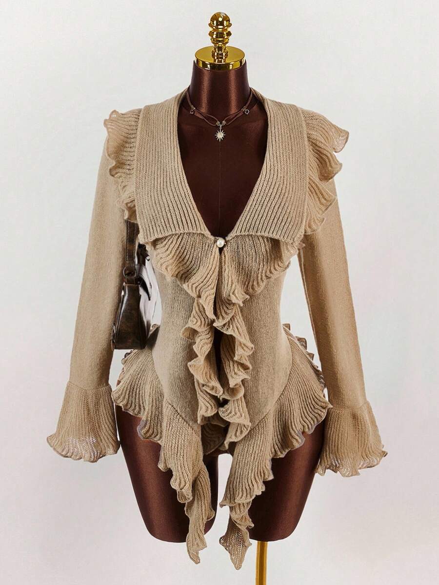 Y2K Amplova Women's Fashionable Sexy & Sweet Ruffle Flare Sleeve Cardigan, Autumn/Winter Thanksgiving And New Year, - Multicolor - View 1