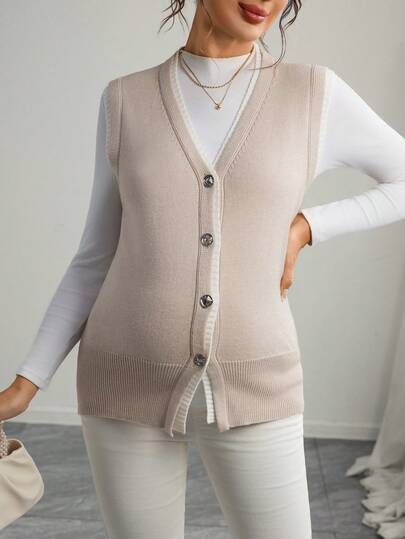 Momance Maternity V-Neck Cinched Waist Metal Button Design Sweater Vest