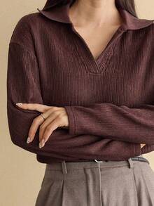 Livesso Blusa feminina folgada, casual, social, de escritório, cor sólida, de malha, patchwork, manga comprida, estilo camisa, outono