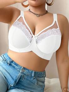 DesireSculpt Plus Size Solid Color Contrast Lace Underwire Bra - White - View 5