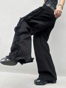 GALLERY FADE 男士流行實色刷毛寬鬆牛仔褲，寬大破洞深色洗水裤，帶口袋簡約黑色出行Y2K情侶裝