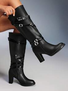 CUCCOO GRLICON Women's Buckle Decor Faux Platform Round Toe Chunky Heel Over-The-Knee Boots, Suitable For Halloween, Christmas, Party, Y2K Style - Black - View 2