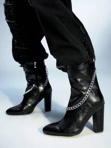 Sugerpunk Botas de tacón alto hasta el tobillo con puntera puntiaguda y decoración de cadena para mujer - Negro - Ver 1