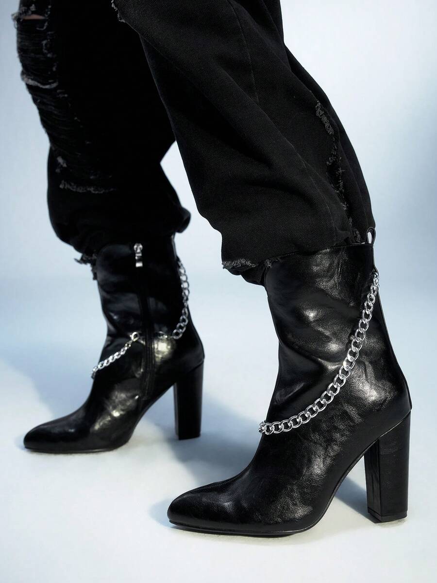 Sugerpunk Botas de tacón alto hasta el tobillo con puntera puntiaguda y decoración de cadena para mujer - Negro - Ver 1