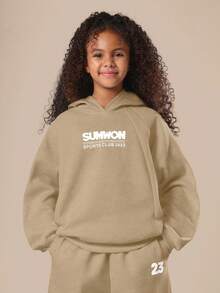 SUMWON 少女连帽衫和运动裤套装，带帽子和口袋，休闲穿着，印花图案，适合度假穿着 - 米色 - 查看 3