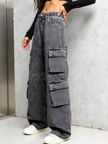 SHEIN ChillGRL Streecool 青少年女孩休闲时尚酷炫日常简约四粒扣假口袋设计宽松直筒牛仔裤