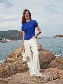 MOTF PREMIUM Damen Lässig Alltagsoutfit Kontrast Einfassung Kurzarm T-Shirt, Sommer