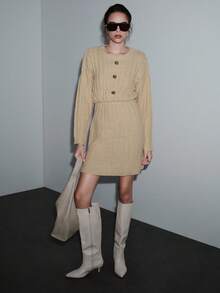 SHEIN Luminelle Women's Fashionable & Elegant Cable Knit Twist Rope Sweater Dress - Apricot - View 7