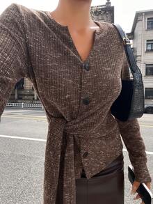 Livesso Autumn/Winter Loose Business Casual Fashion Asymmetric Side Tie V-Neck Textured Knit Elegant Women T-Shirt