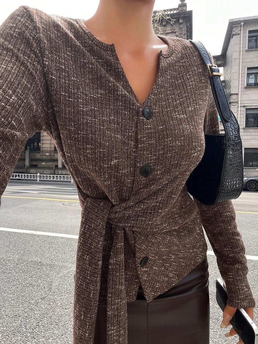 Livesso Autumn/Winter Loose Business Casual Fashion Asymmetric Side Tie V-Neck Textured Knit Elegant Women T-Shirt