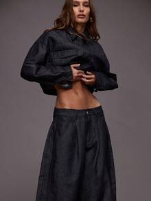 MUSERA 褶裥前片阔腿深色水洗牛仔裤，仅限秋季/冬季夜间外出、街头风、可爱、返校、性感、时尚 - 藏蓝色 - 查看 5