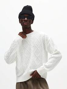 SUMWON 男士圆领套头毛衣，长袖，冬季舒适针织衫，经典菱形图案设计，男士毛衣上衣，针织衫，男士套头衫，男士纯色针织衫 - 白色 - 查看 4