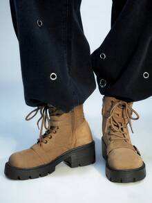 Sugerpunk 女士休闲时尚搭扣系带踝靴，秋冬款 - 棕色 - 查看 5