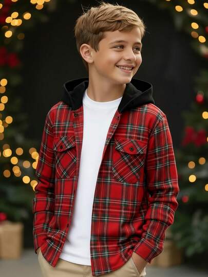 SHEIN 青少年男孩休闲圣诞红色格子全拉链连帽长袖衬衫，适合圣诞节、圣诞派对、学校、户外、运动、秋冬季聚会