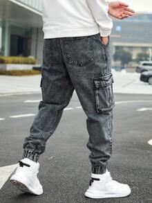 Manfinity Homme 男款棉質拉鍊口袋束腰貨物牛仔褲，寬鬆款洗水牛仔運動褲，純色深灰色健身訓練友 - 深灰色 - 查看 2