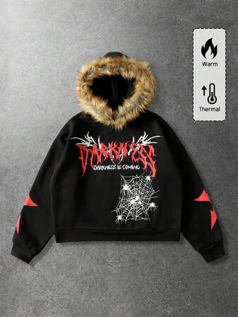 Grunge Punk Sudadera con capucha de manga larga de ajuste holgado con estampado de letra y telaraña, con cuello esponjoso para hombre