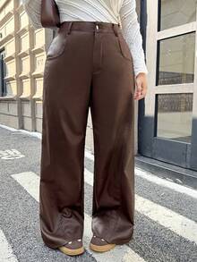 Rivivi 大码女式弹力涂层工装裤，棕色仿皮裤，休闲宽松复古风格，春秋季 - 巧克力棕 - 查看 5