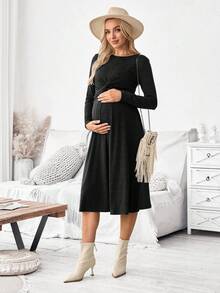 SHEIN 孕妇休闲纯色扭纹哺乳连衣裙，秋季