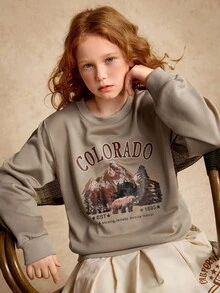 SHEIN Tween Girl 休闲圆领 Mountain 字母印花卫衣 - 咖啡棕 - 查看 4