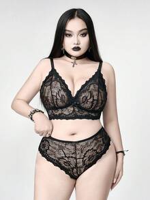 ROMWE Avant 加大码时尚蕾丝透明金属蝴蝶链镂空内衣套装 - 黑色 - 查看 2