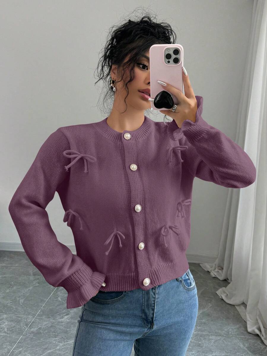 Elenzga Cárdigan casual de uso diario y para ir al trabajo, con decoración de lazo y botones, dunicolordo, para otoño/invierno - Morado - Ver 1